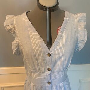 Light Blue with White Striped Ruffle Sleeve Button Front Dress LNWOT
